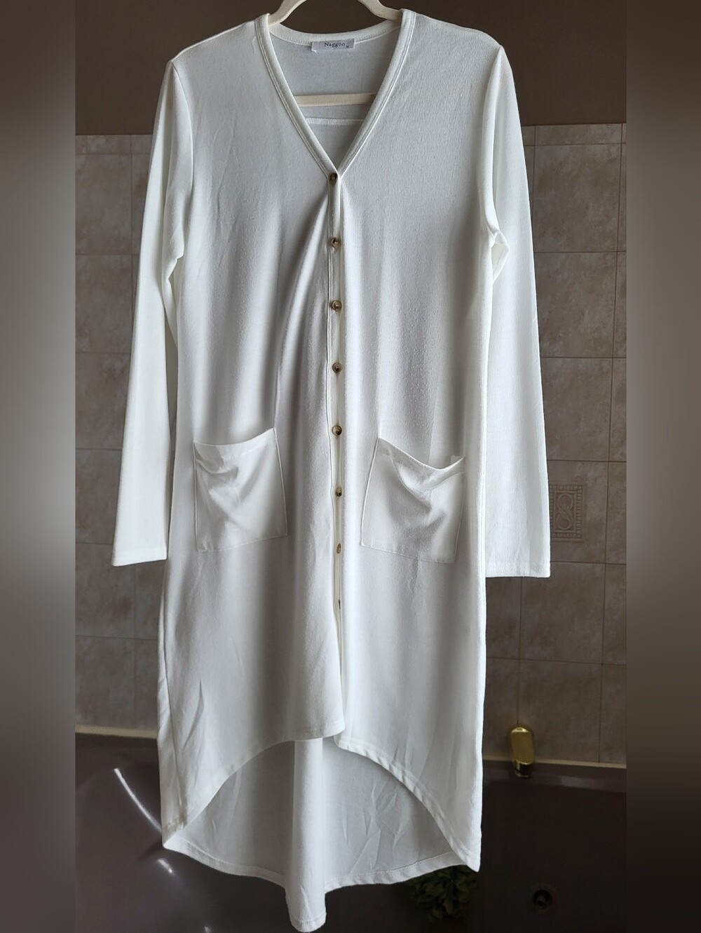 Long White Button-Front Cardigan with Pockets